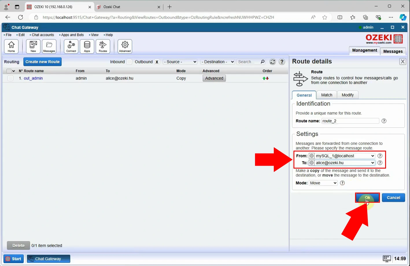 Configure outgoing route