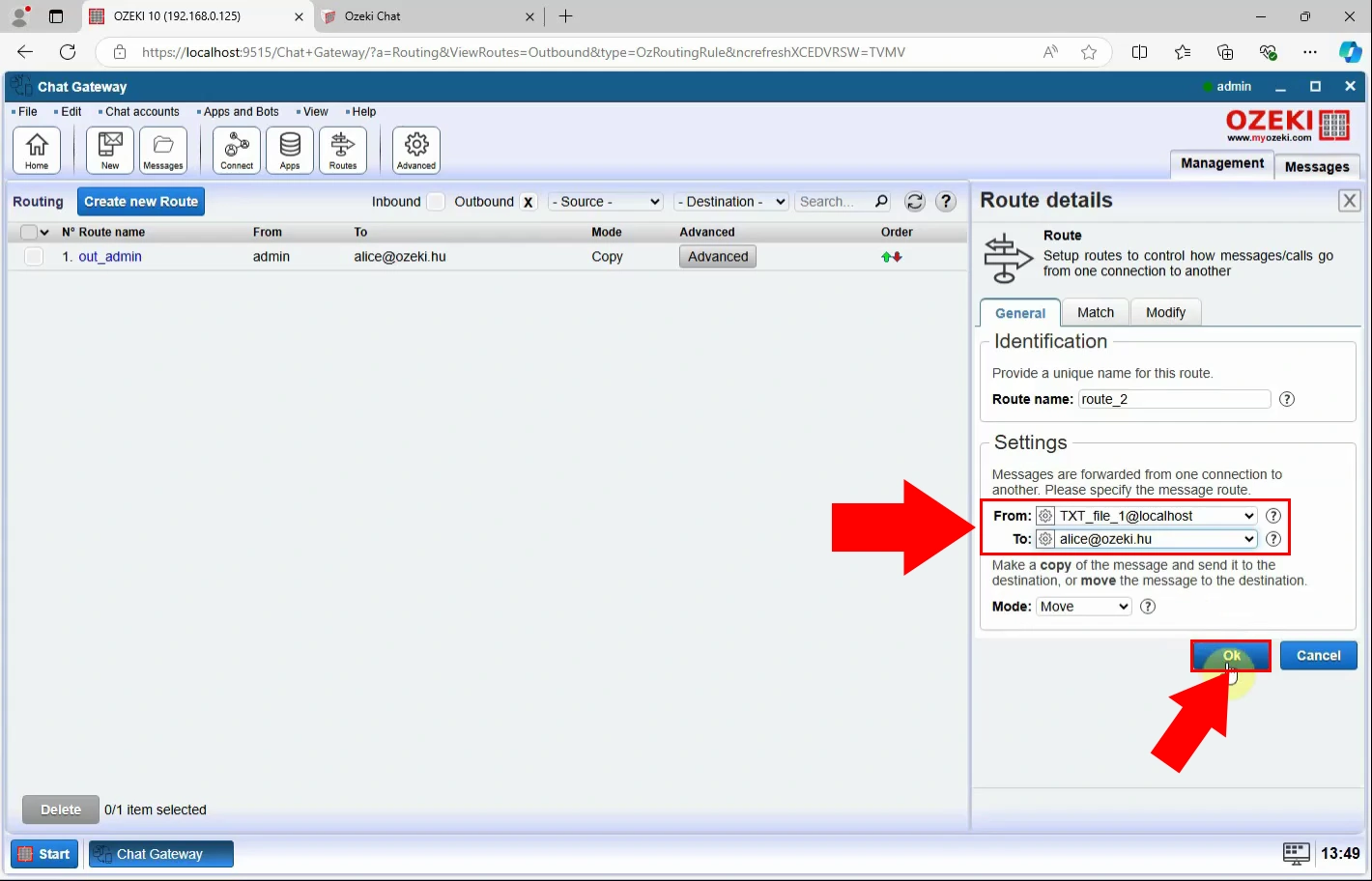 Configure outgoing route