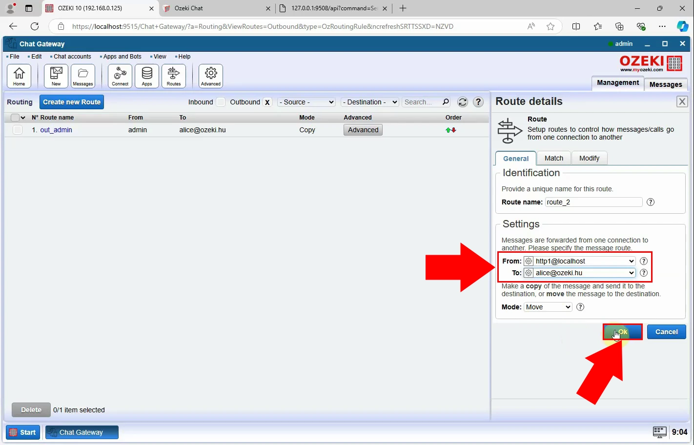 Configure outgoing route