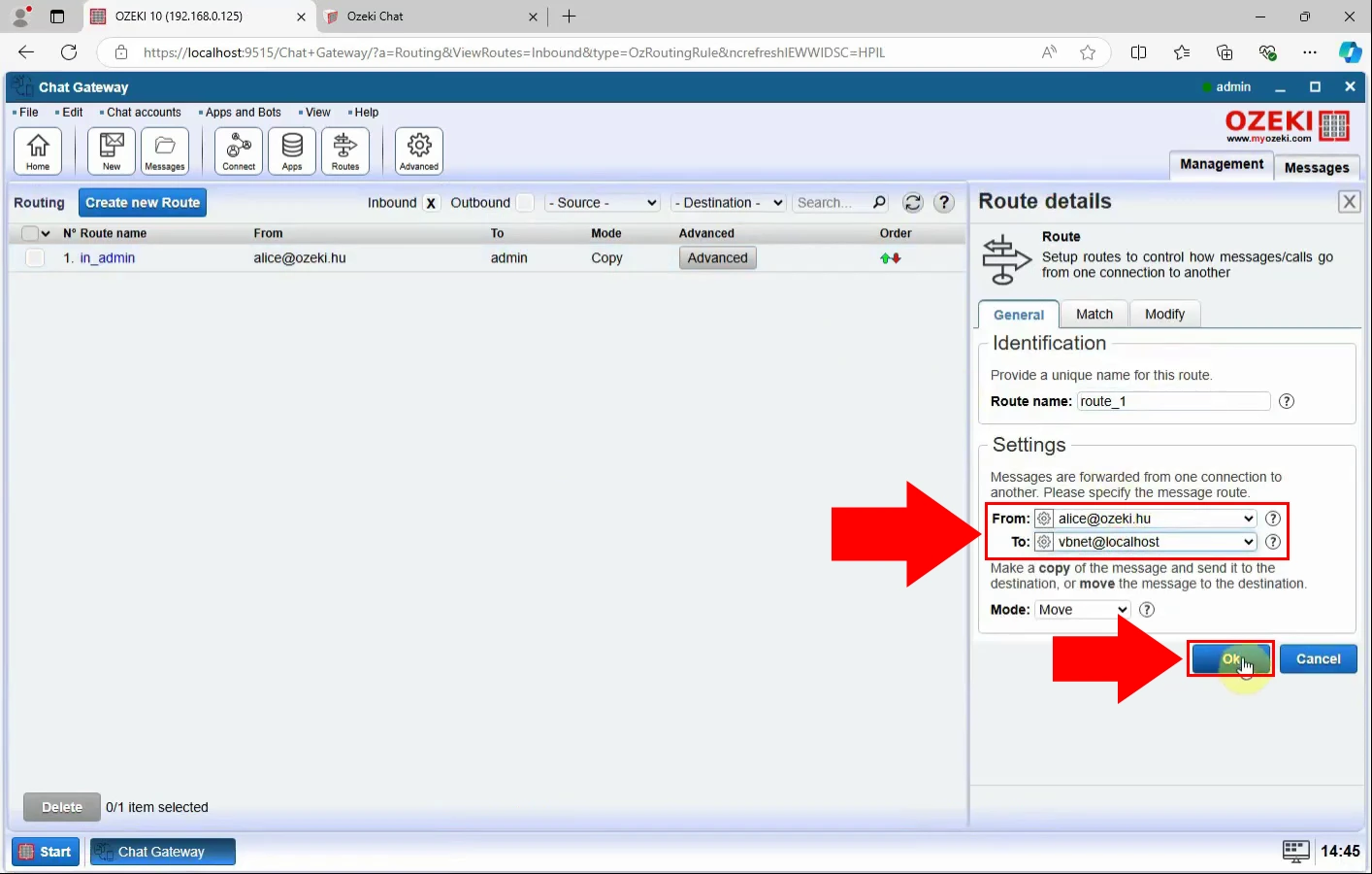 Configure incoming route