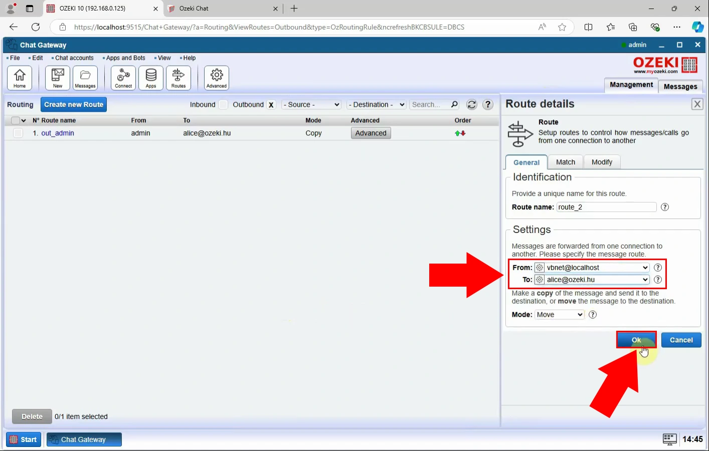 Configure outgoing route