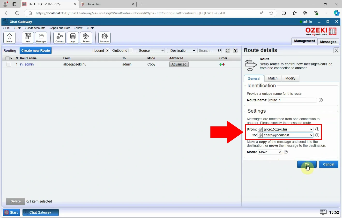 Configure incoming route