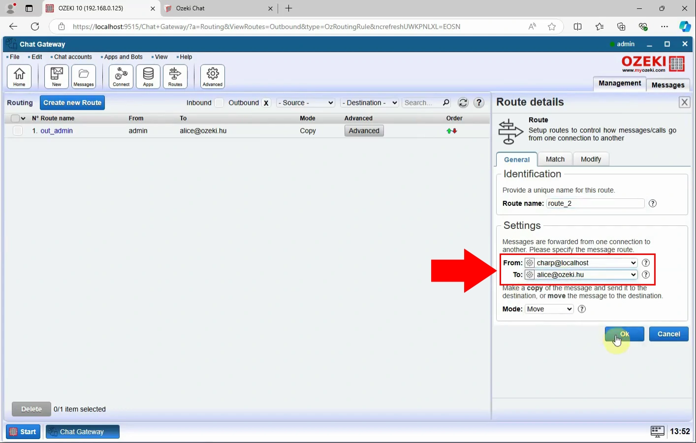 Configure outgoing route