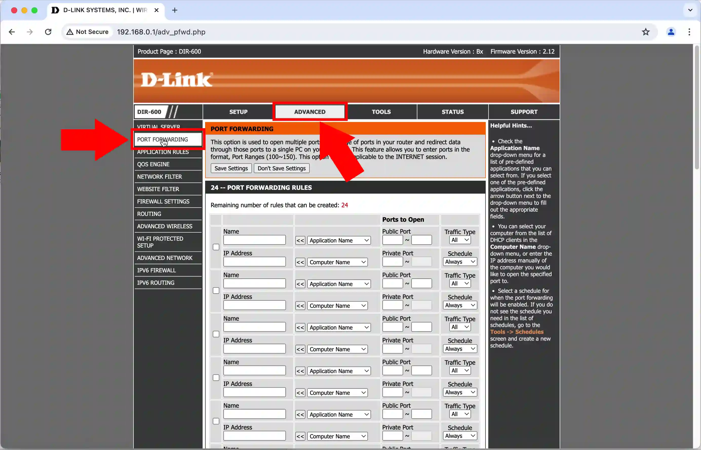 Open port forwarding menu