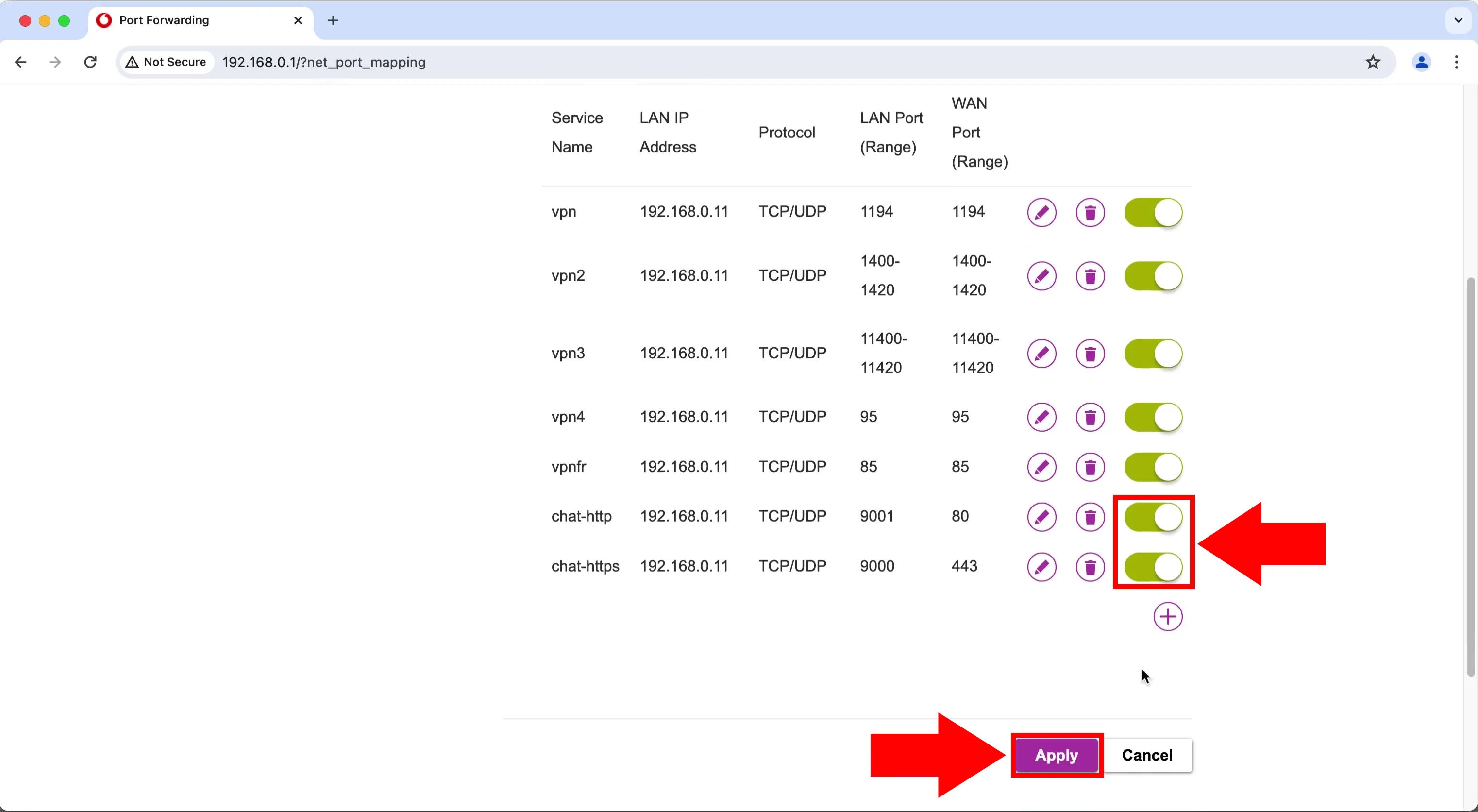 Apply port forwarding