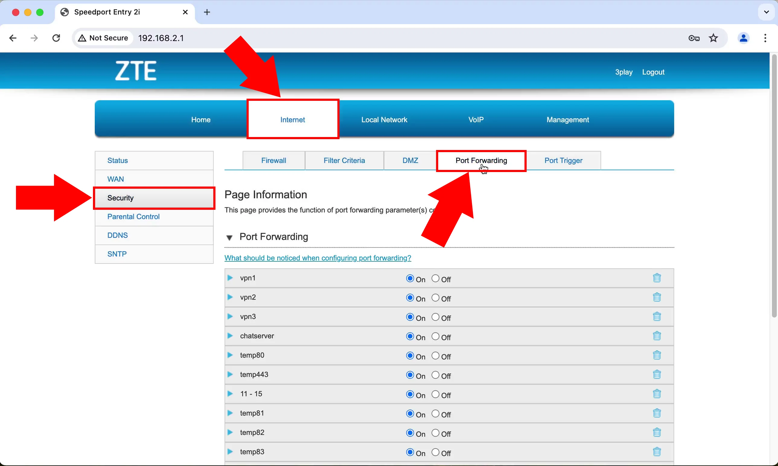 Open port forwarding menu