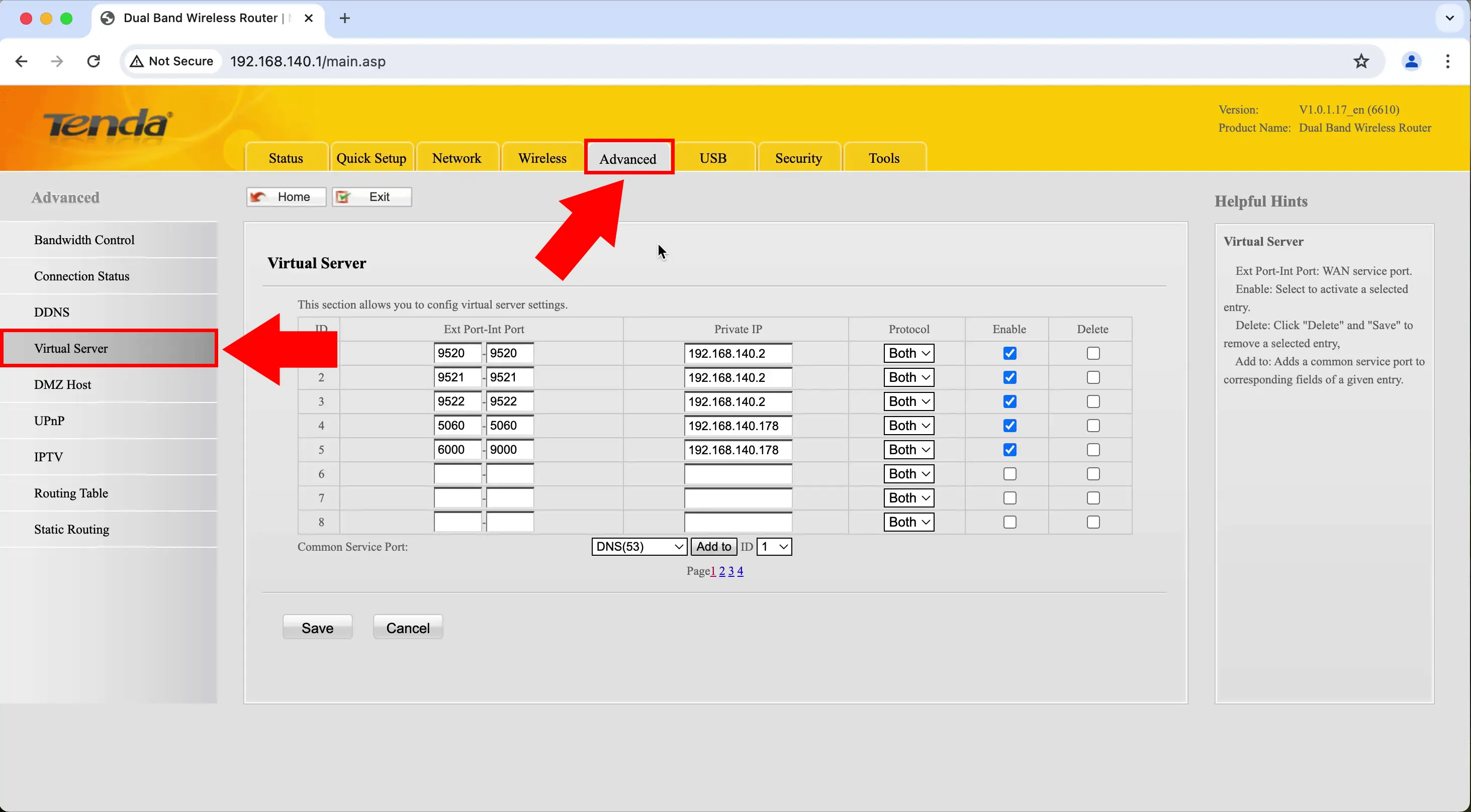 Open virtual server menu