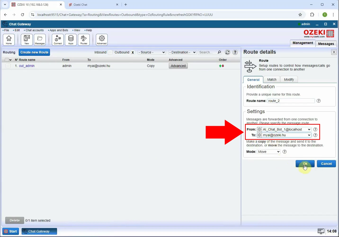 Configure outgoing route